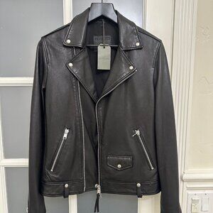 Milo Asymmetric Zip Leather Biker Jacket (Black, size SMALL)